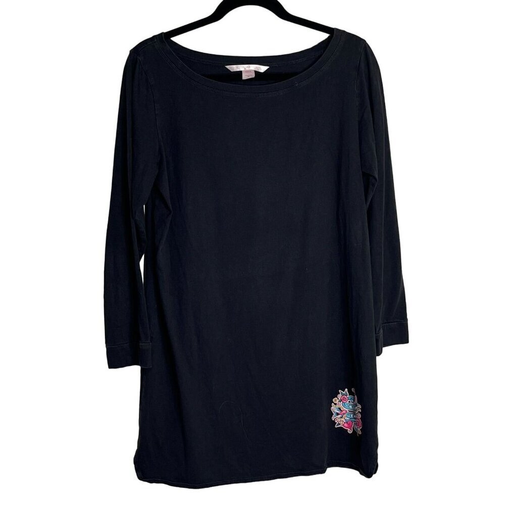 Victoria's Secret Sleep Shirt Long Sleeve Boat Neck Black Graphic Size Medium